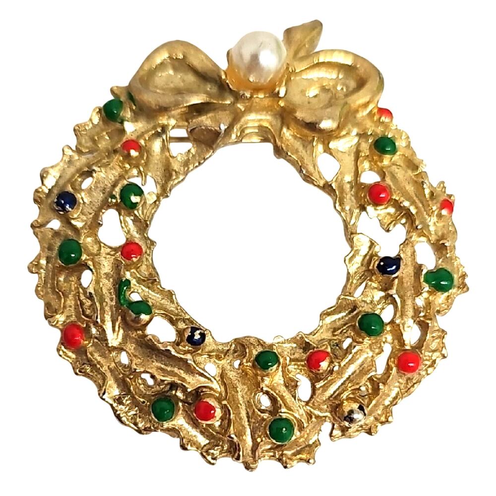 Festive Gold Wreath Brooch with Multicolor Beads Pin Holiday 2" by 1.75"